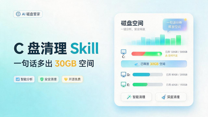 开源C盘清理的Skill也来了！更智能的磁盘清理，一句话让你的电脑C盘多出30GB空间，免费用 c-disk-cleaner 图标